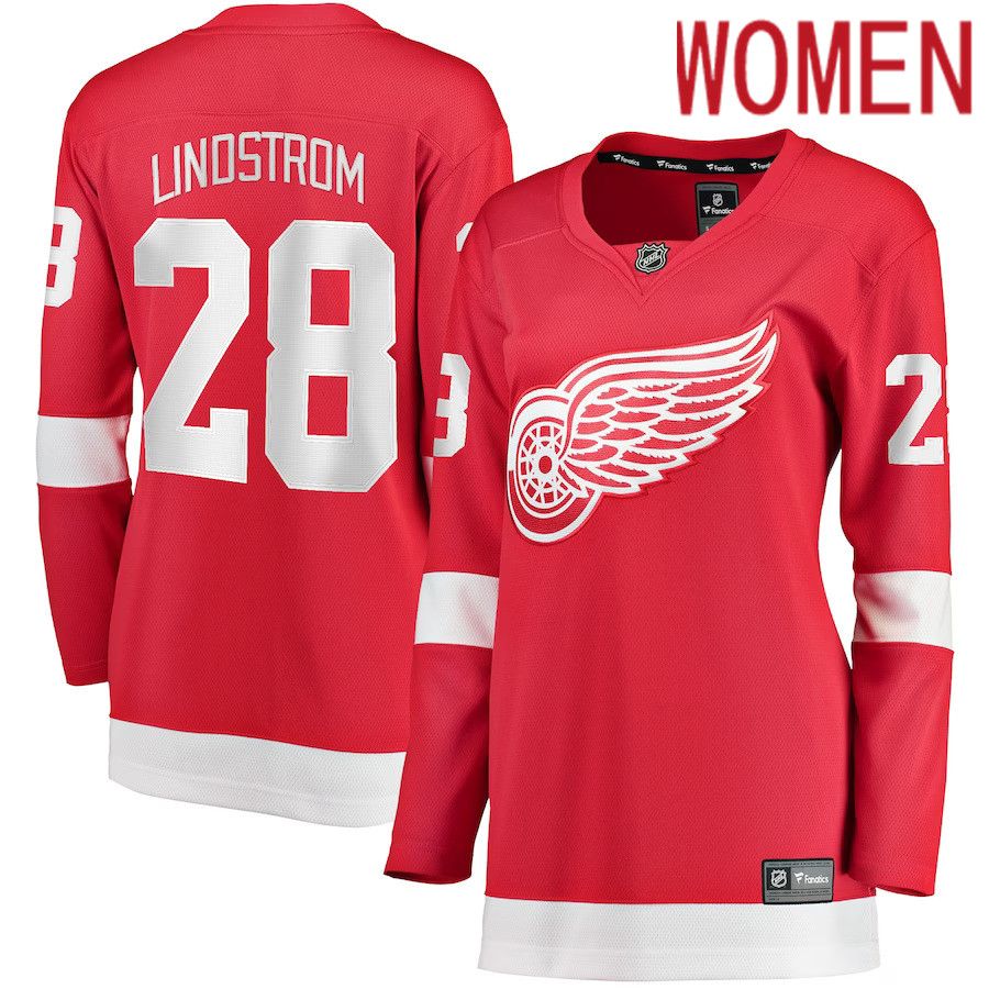 Women Detroit Red Wings #28 Gustav Lindstrom Fanatics Branded Red Home Breakaway Player NHL Jersey